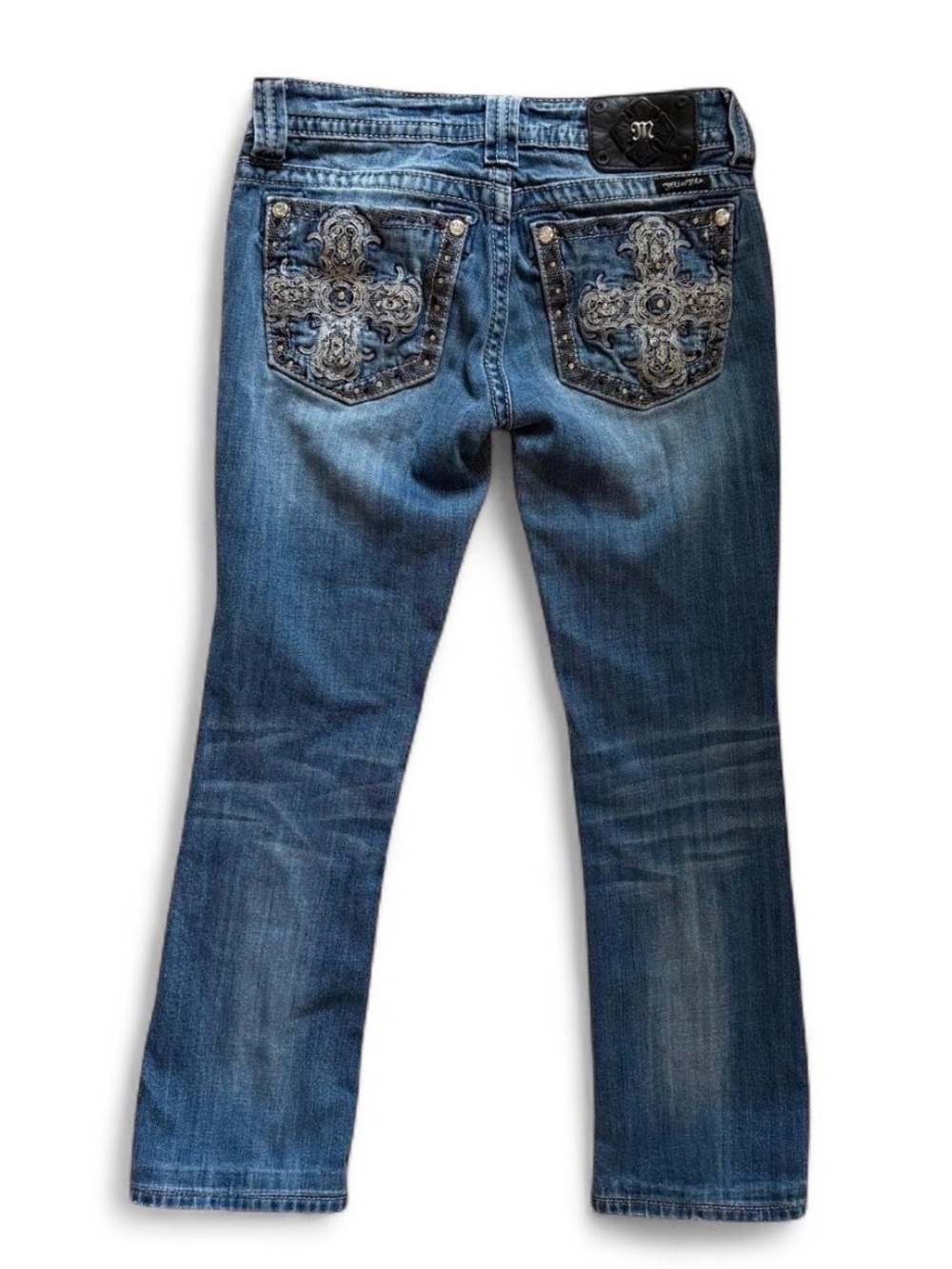 Miss me low-rise bootcut jeans with cross embroidery & rhinestones 🖤